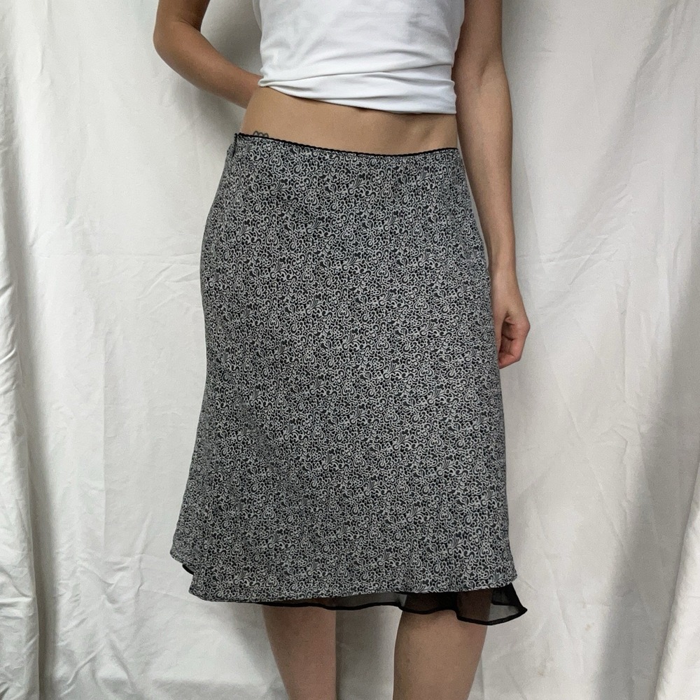 2000s Silk Floral Ruffle Midi Skirt Feminine Dainty Romantic Coquette Whimsigoth
